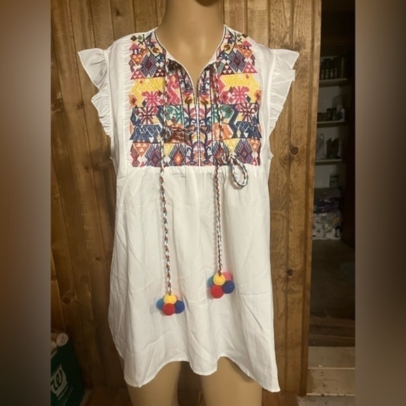 NWT Floerns Women's Ruffle Striped Mexican Embroidered Babydoll Blouse Top sz M - Picture 6 of 9